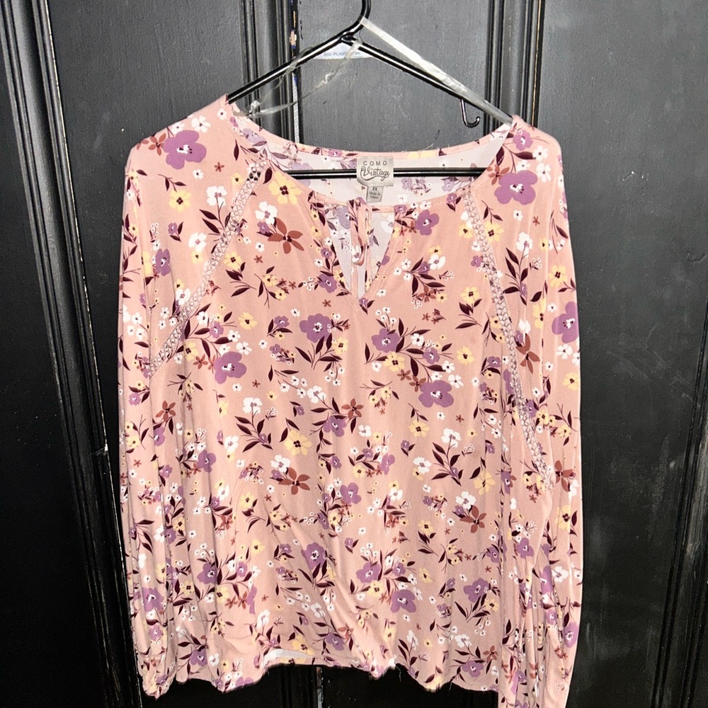 Como Vintage Pink Smocked Blouse with Mandarin Collar and 3/4 Sleeves